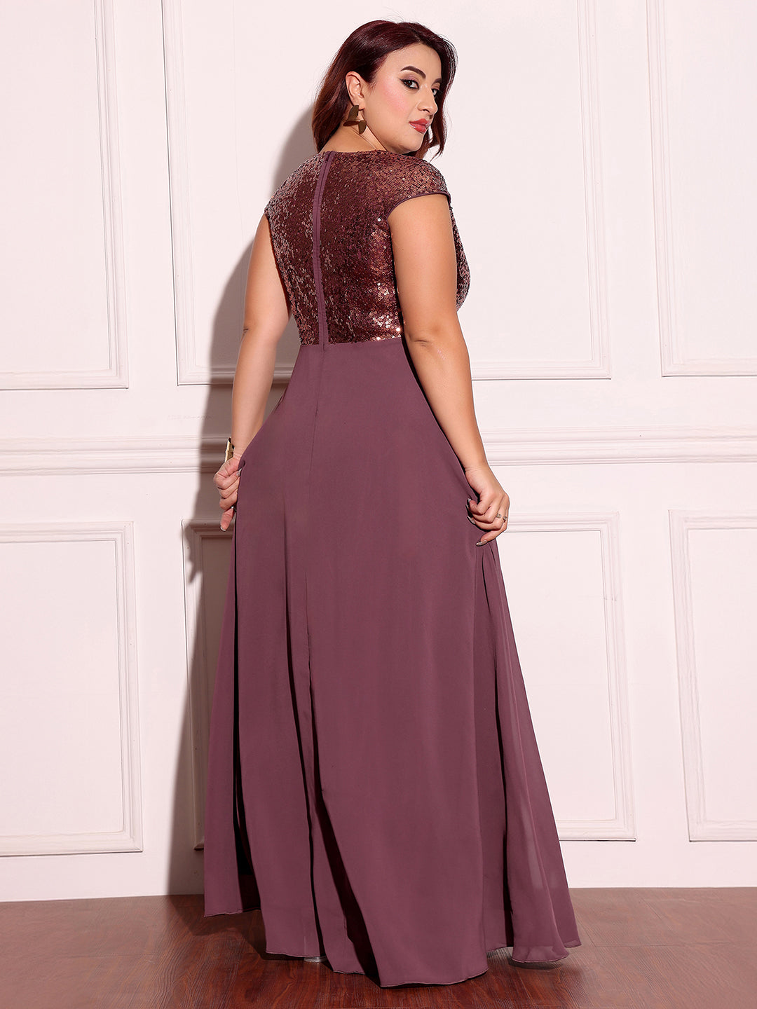 Mauve & Wine Sleeveless Fit and Flare Sequinned Maxi Dress Long Dress Frock for Women