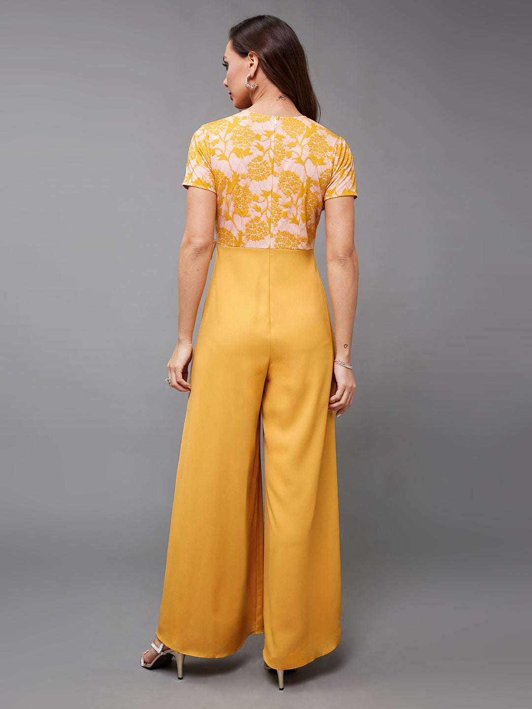 Women's Mustard V-Neck Half Sleeve Self-Designed Wrap Crepe Jumpsuit