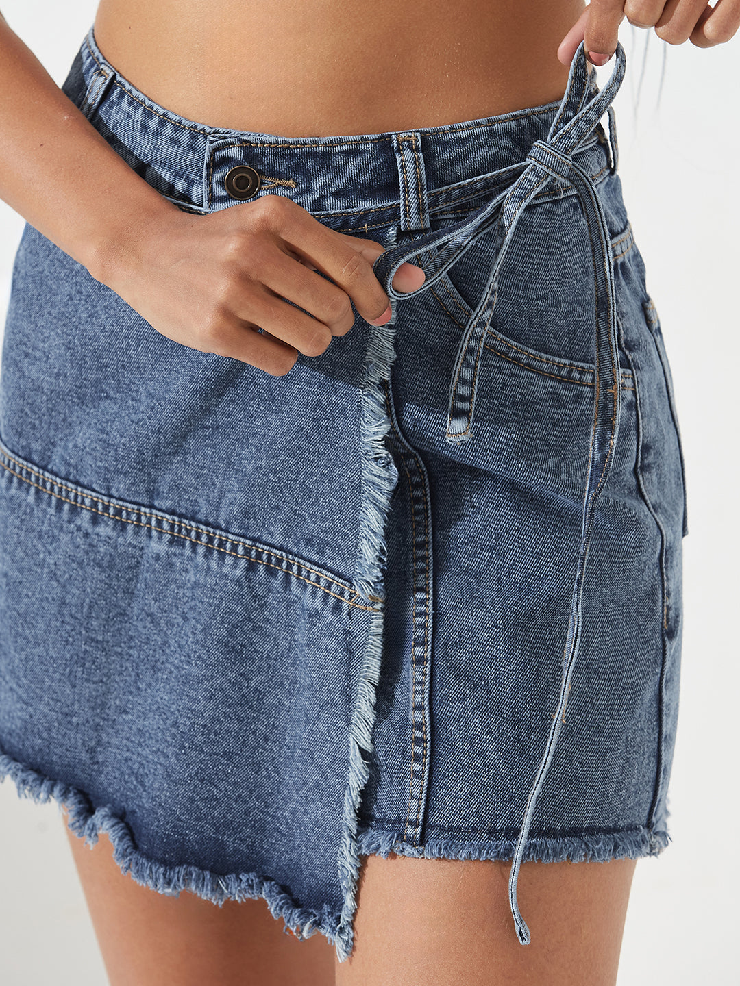 Navy-Blue High-Rise Mild Distress Denim Skorts for Women