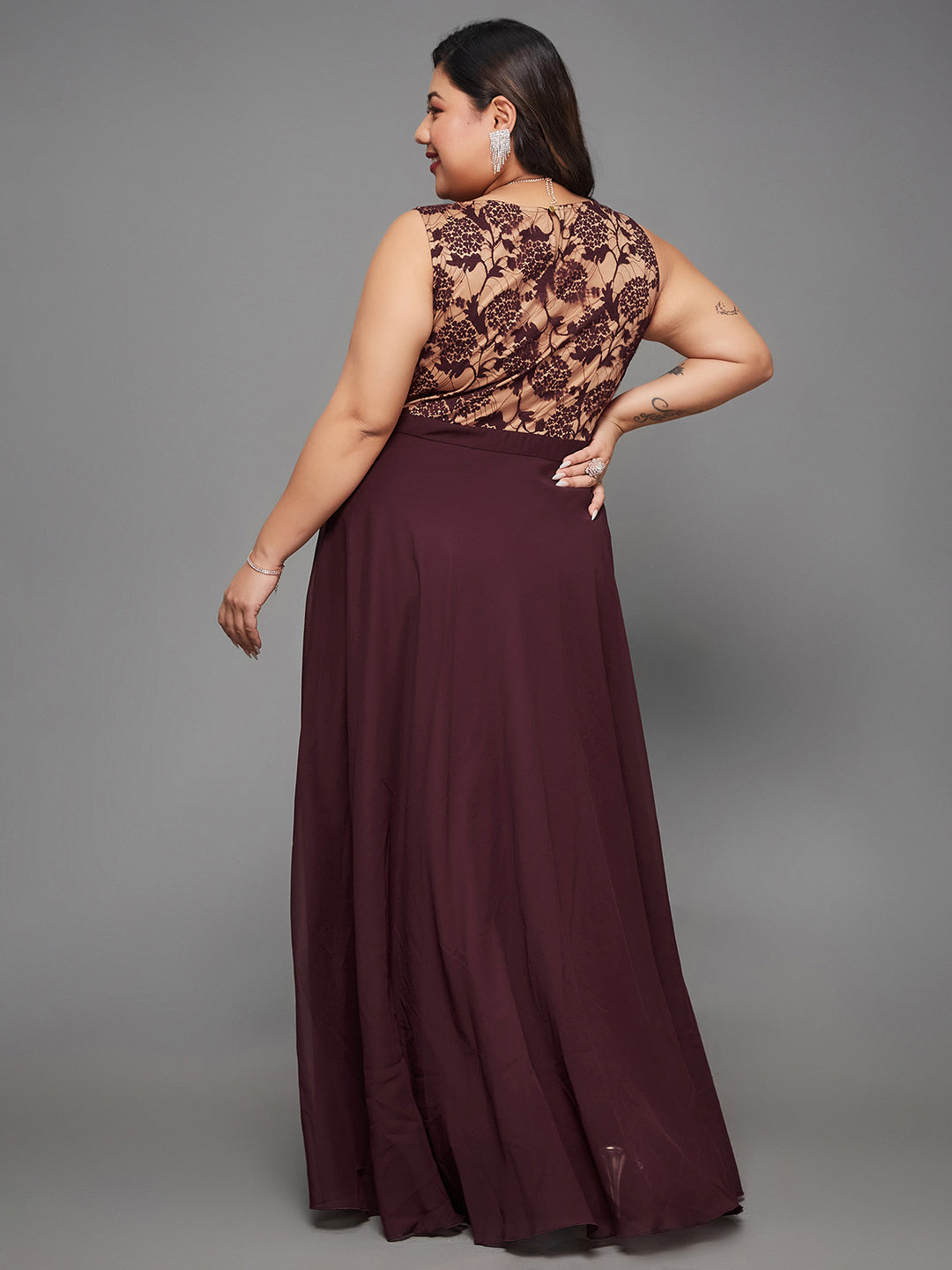 Beige & Wine Round Neck Sleeveless Georgette Floral Lace Fit & Flare Maxi Dress for Women