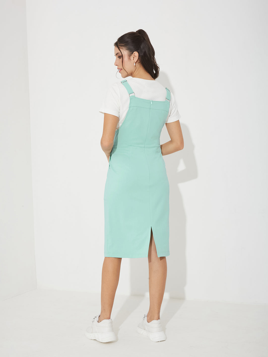 Mint and Off-White Solid Pinafore Midi Polyester Co-ord Set with Utility Pockets for Women