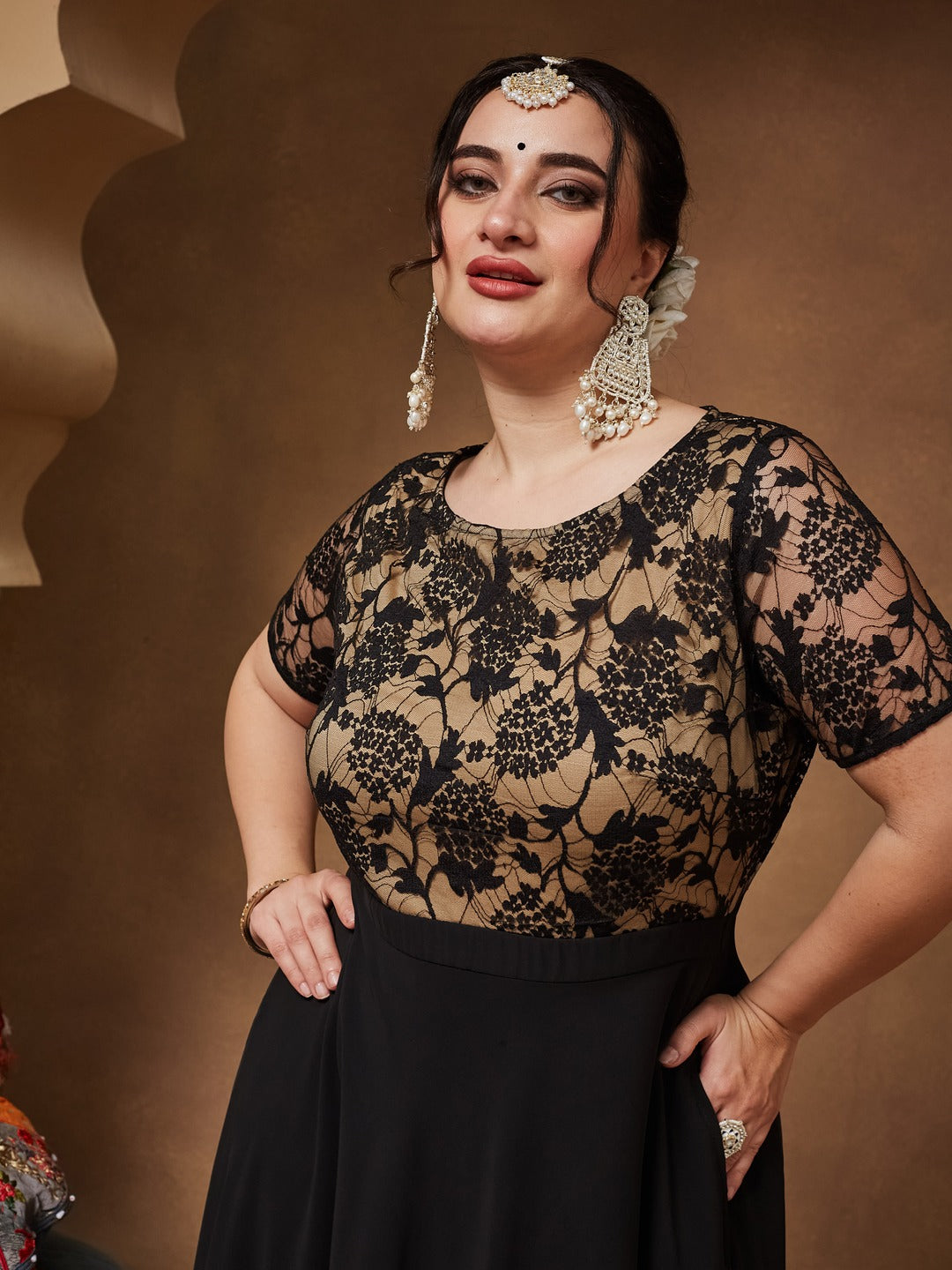 Black Round Neck Half Sleeve Self Design Fit & Flare Georgette Maxi Dress for Women