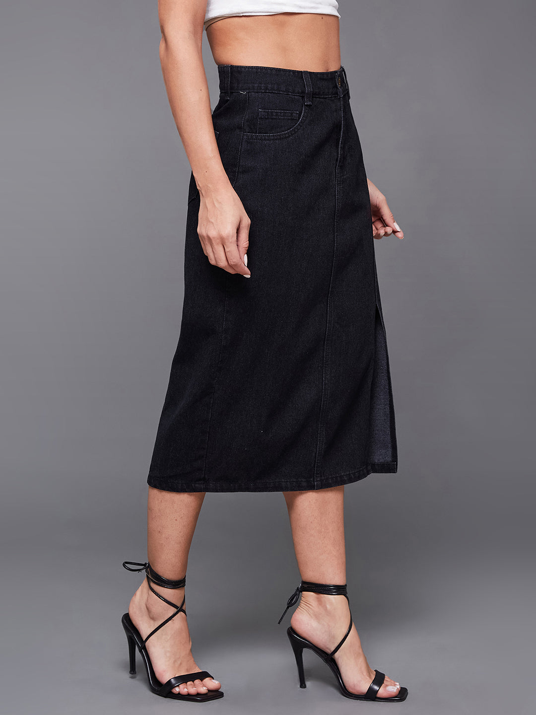 Black Straight-Fit High-Rise Stretchable Denim Midi Skirt for Women