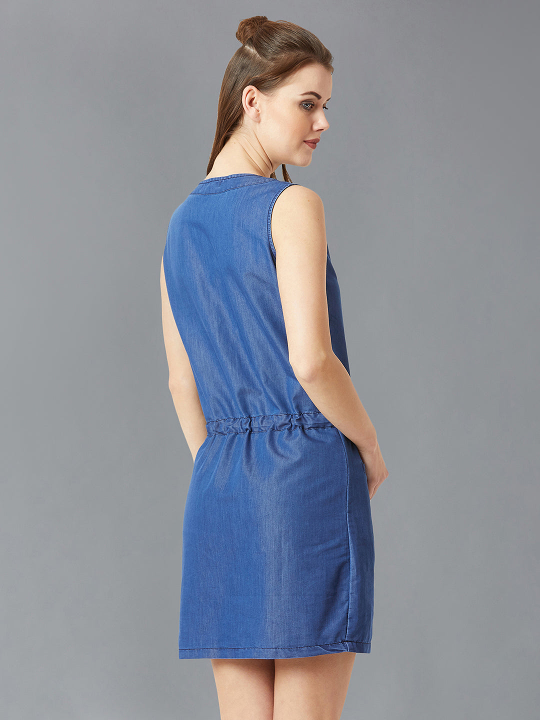 Women's Blue Polo Neck Sleeveless Denim Solid Midi Shift Dress