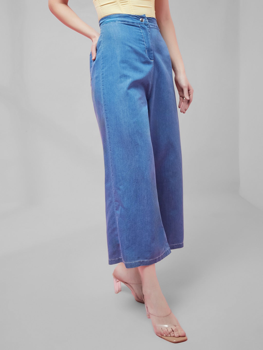 Blue Flared Wide-Leg high-rise Non Stretchable Light Weight Denim Pants for Women