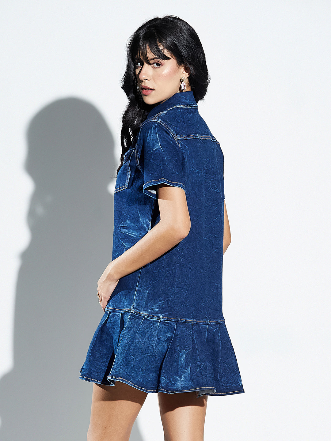 Navy Blue Collar Neck Half Sleeve Solid A-Line Mini Pleated Dress Mini Denim Dress For Women — Miss Chase