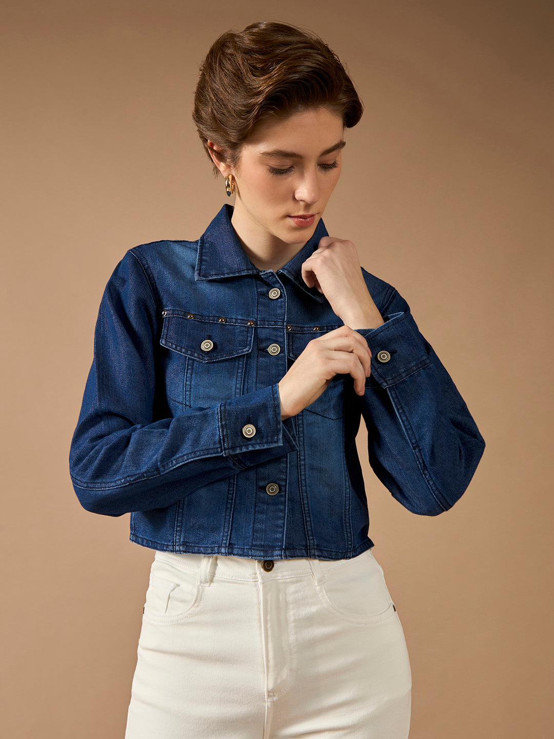 Women's Navy Blue Solid Polo Neck Full Sleeves Buttoned Denim Embellished Cropped Jacket