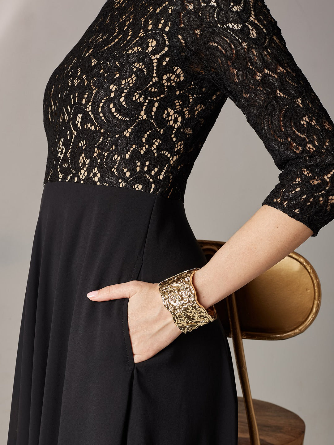 Black Self Design Boat Neck 3/4 Sleeves Side Pocketed Georgette Fit and Flare Maxi Length Dress for Women