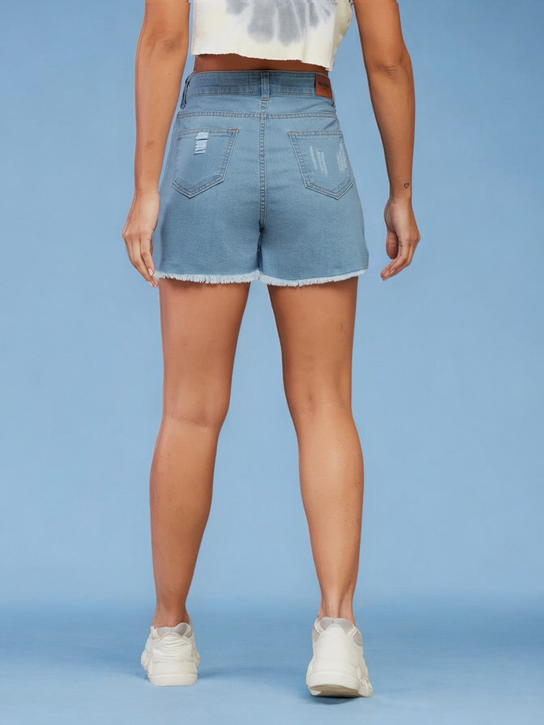 Women's Blue Relaxed Mid Rise High Distress Regular Non Stretchable Denim Shorts