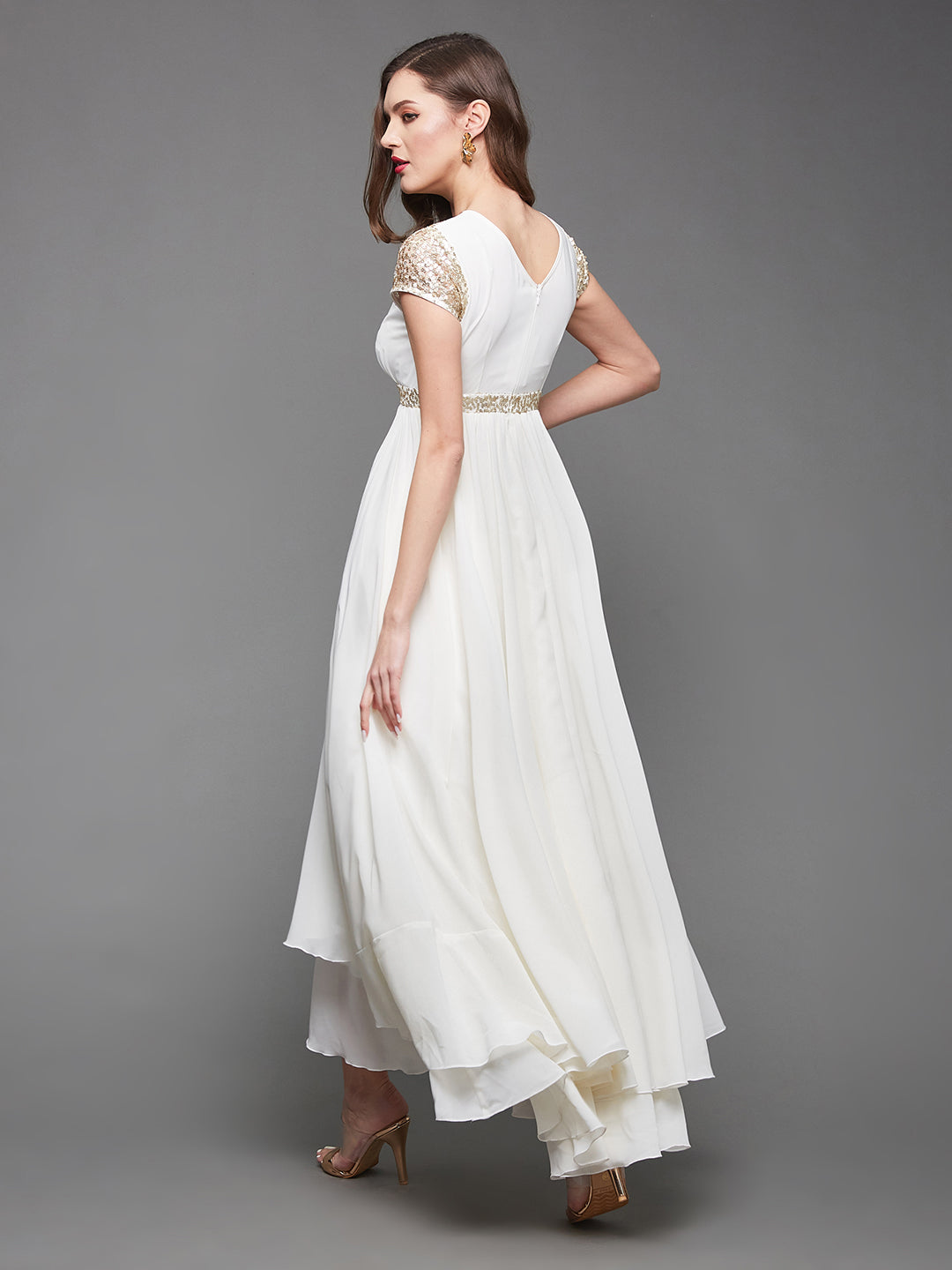 Women's Off White Short Sleeve Sequin Party Georgette Maxi Dress