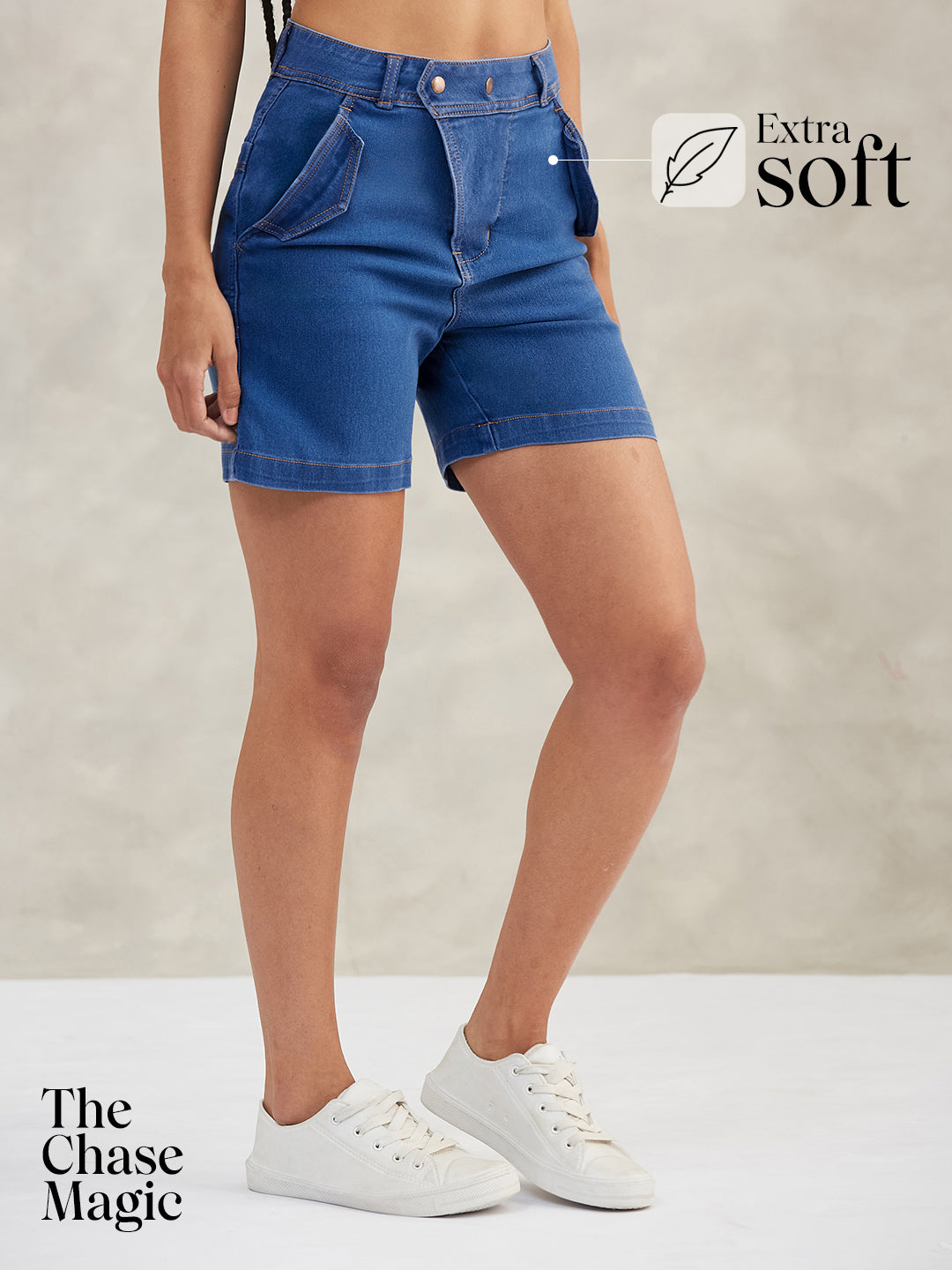 Relaxed-Fit Mid-Rise Stretchable Blue Denim Bermuda Shorts for Women