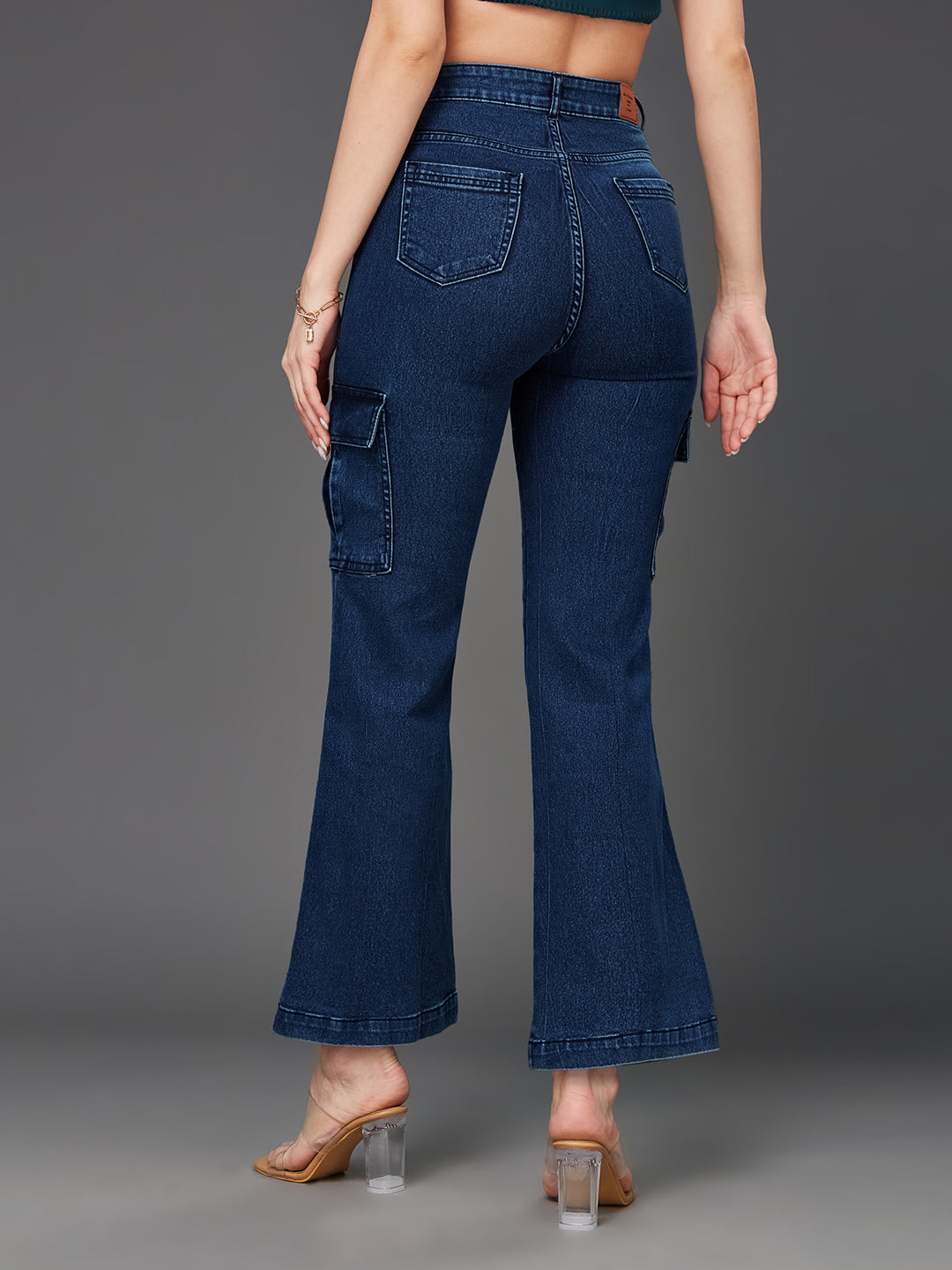 24/7 Comfort Blue Wide-Leg High-Rise Stretchable Denim Cargo Jeans