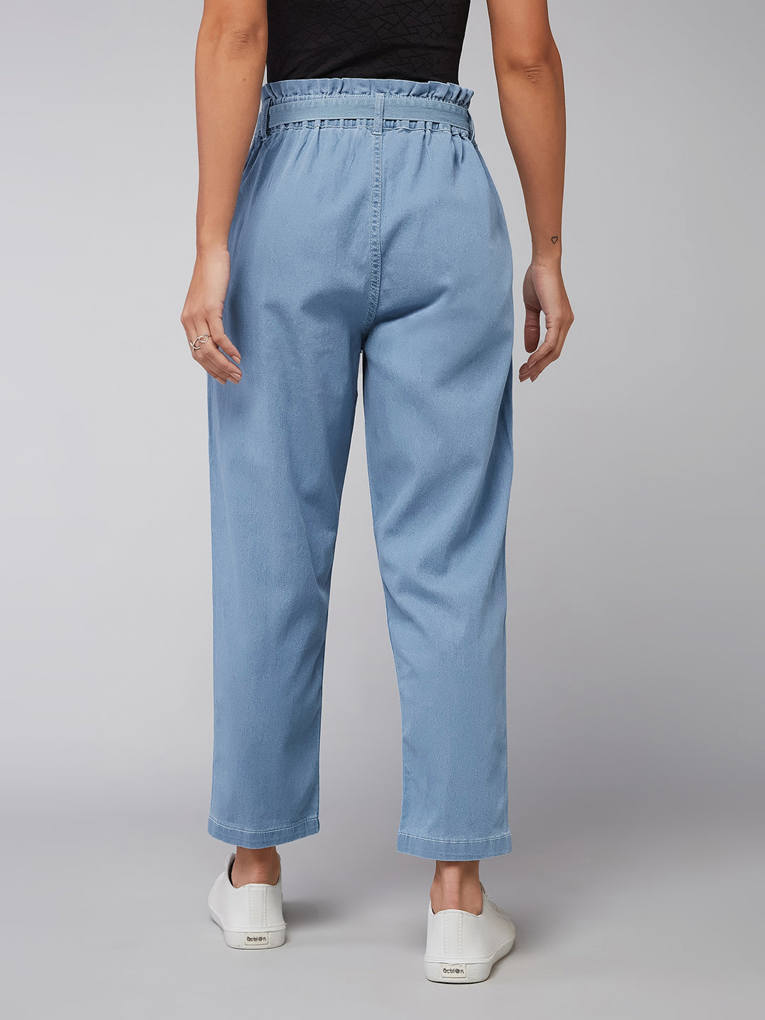 Women's Light Blue Paperbag High-Rise Stretchable Denim Jeans