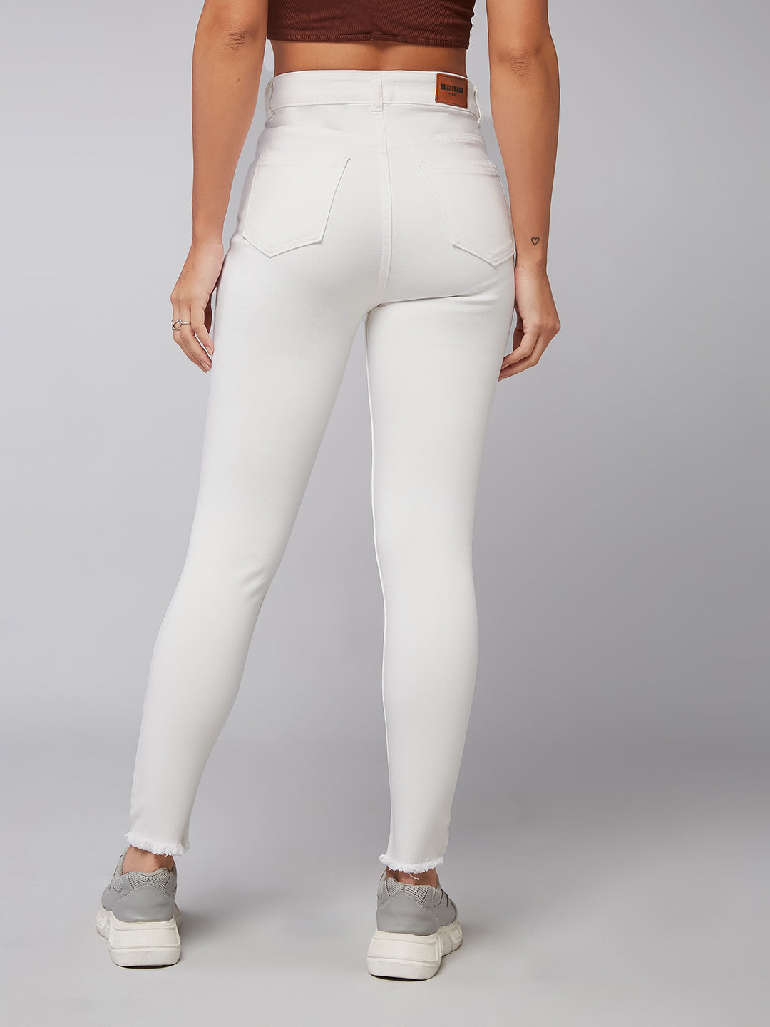 Women's White Skinny-Fit High-Rise Cropped Raw Edge Detailing Stretchable Denim Jeans