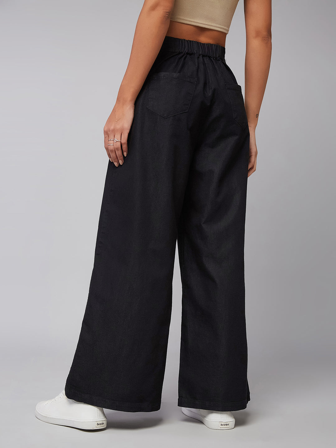 Women's Black Wide-Leg High-Rise Light Weight Clean-Look Regular Length Light Weight Denim Pants