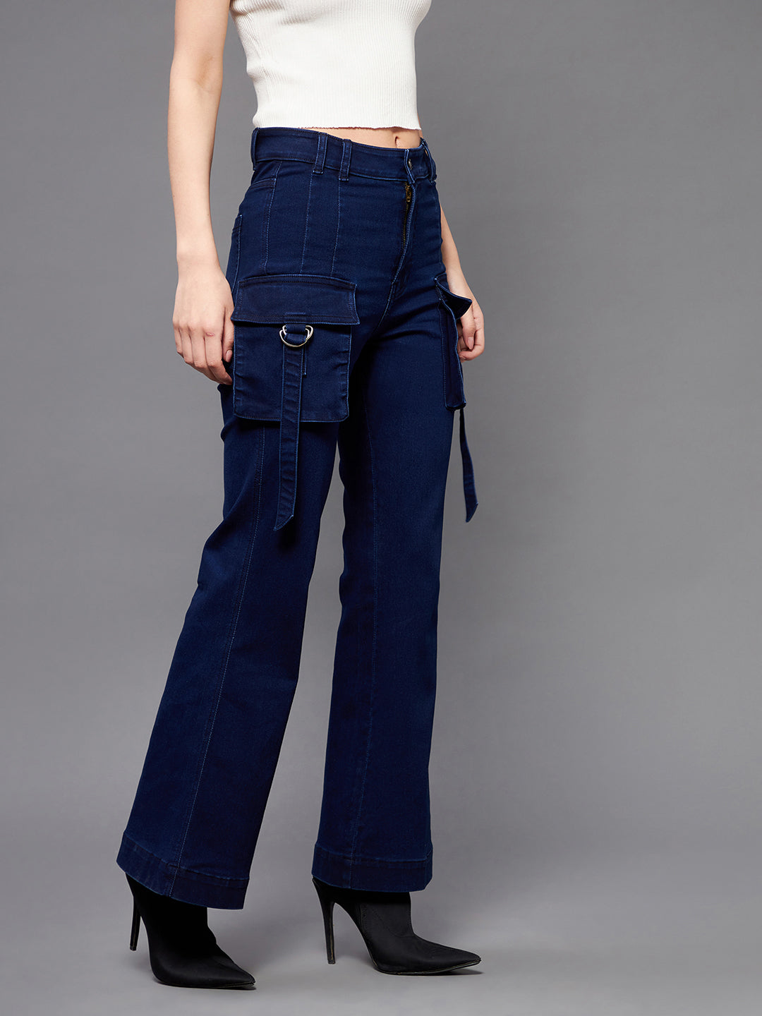 24/7 Comfort Navy-Blue Bell-Bottom Bootcut High-Rise Stretchable Cargo Denim Jeans
