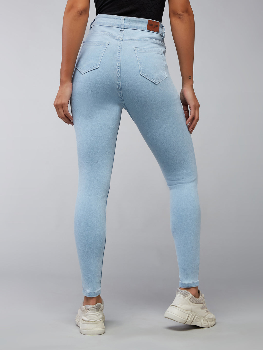 24/7 Comfort Light Blue Skinny Fringed Hemline Detailing High-Rise Cropped Solid Stretchable Denim Jeans