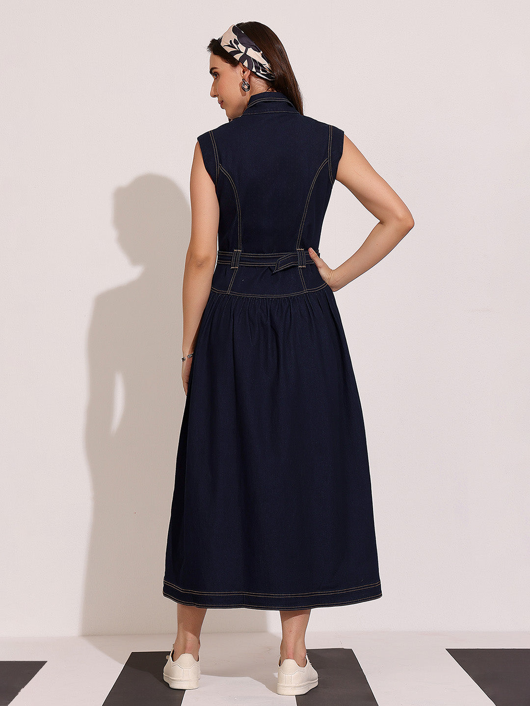Women's Dark Blue Notched-Collar Sleeveless Solid Drop Waist Maxi-Length Light Weight Denim Shirt Dress