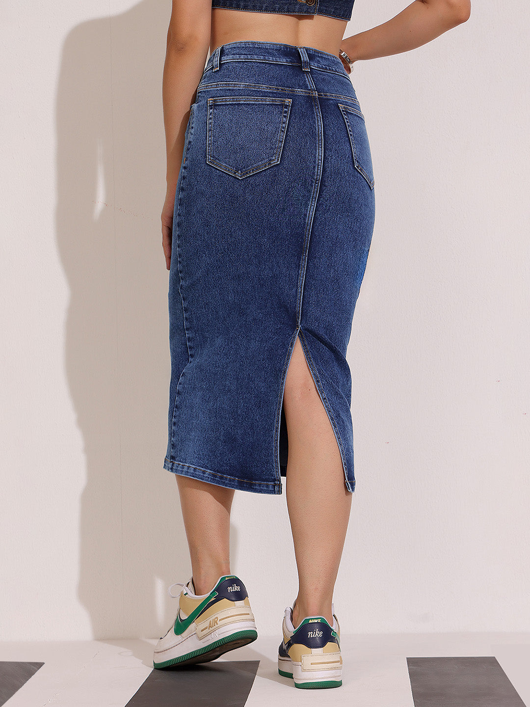 Women's Dark Blue High-Rise Stretchable Denim Midi Skirt with Back Slit – Shaping Fit