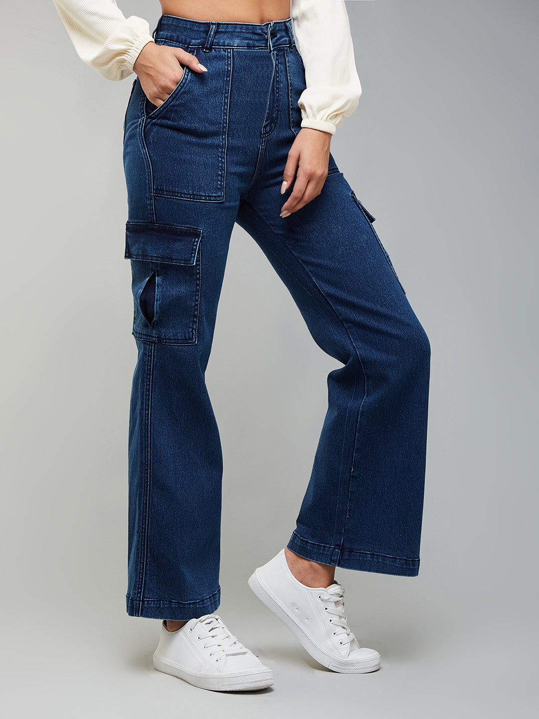 24/7 Comfort Blue Wide Leg High-Rise Stretchable Denim Cargo Jeans