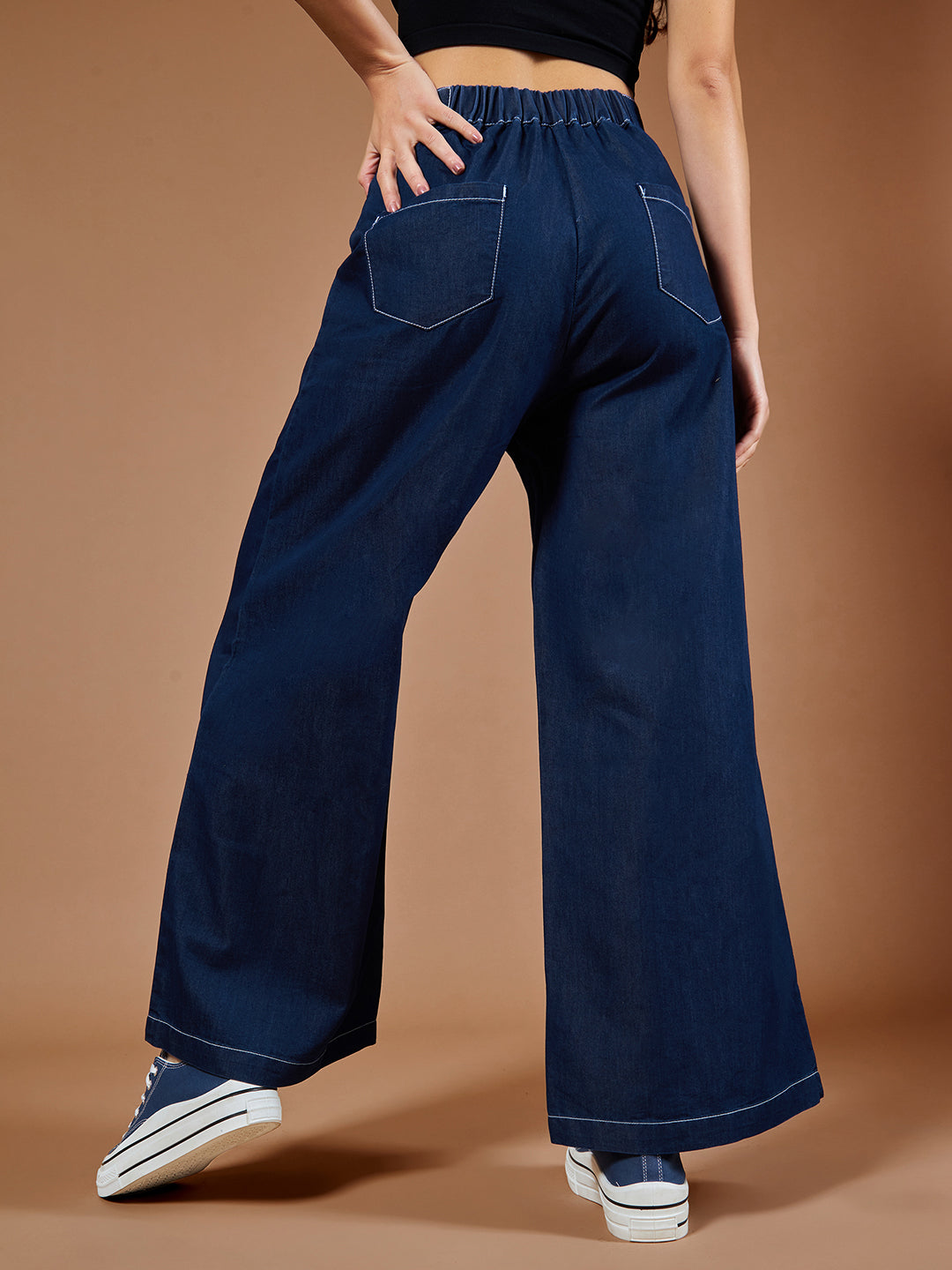 Women's Navy Blue Wide-Leg High-Rise Denim Pants