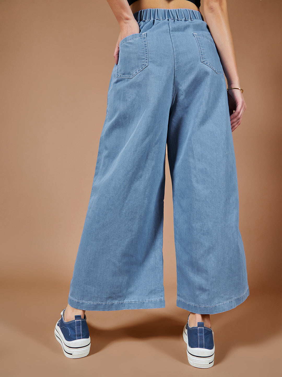 Women's Blue Flared Wide-Leg High-Rise Non Stretchable Denim Culottes Pants