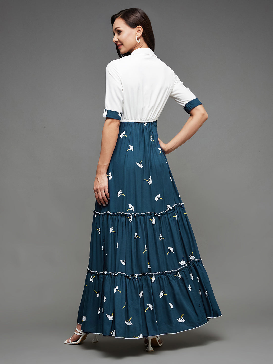 Women's Teal Shirt Collar Cuffed Sleeves Floral Viscose Rayon Shrug Tie-Up Maxi Dress