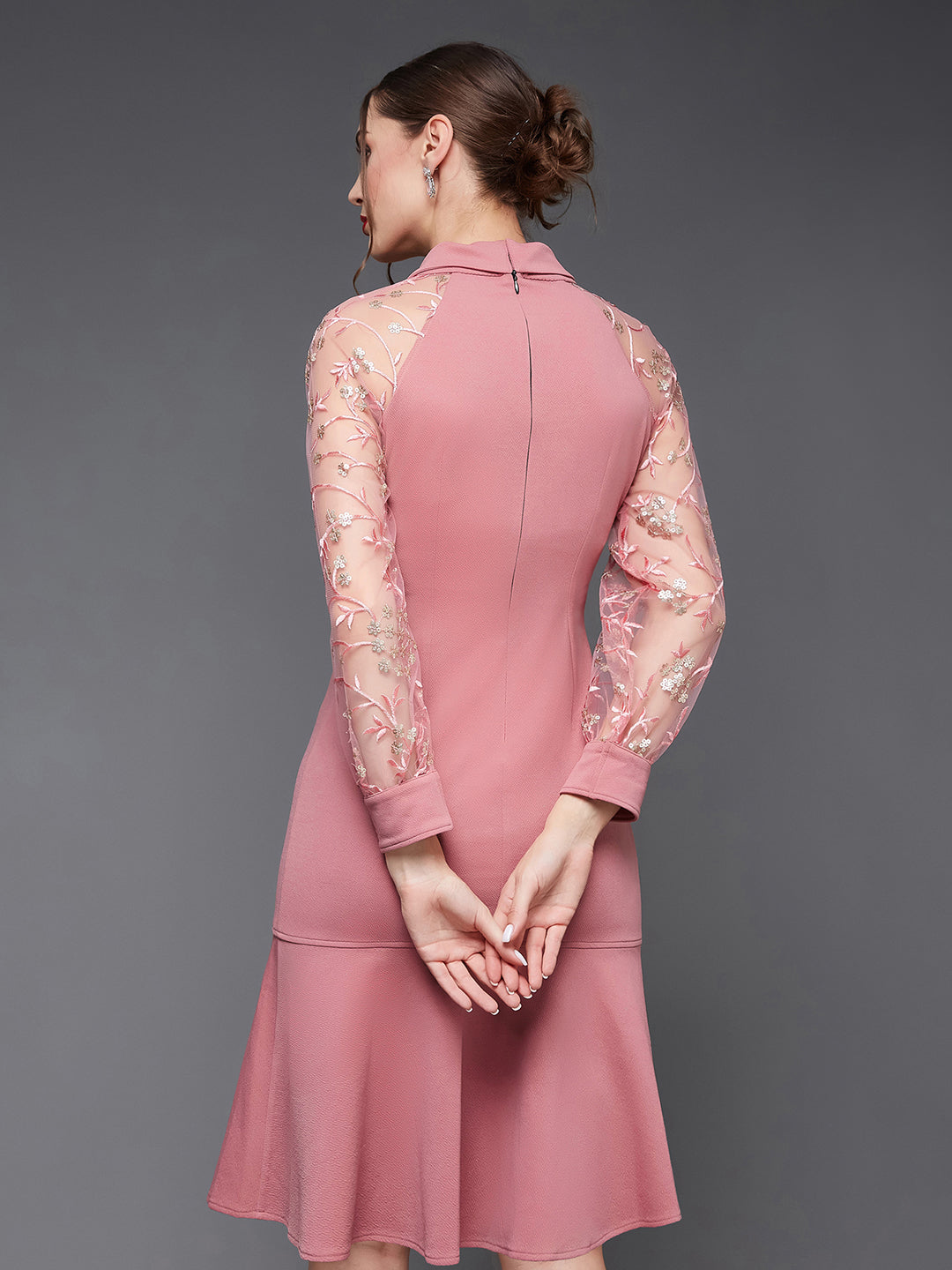 Crease Ease Women's Dusty Pink & Golden Solid Embroidered Knee Length Dress
