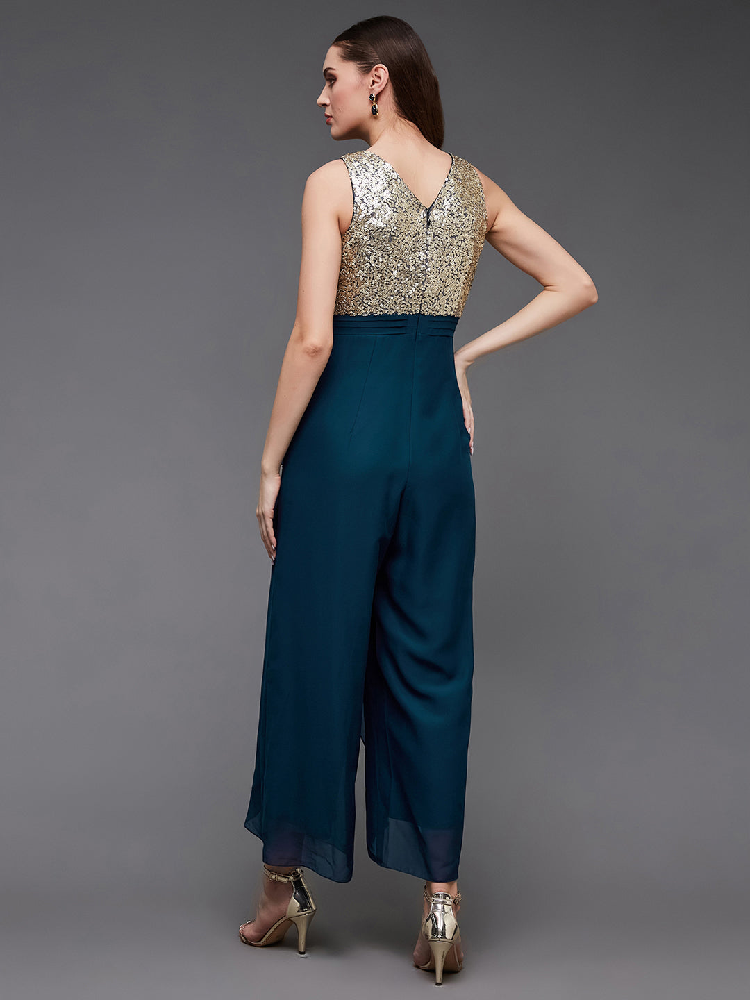 Women's Teal Sequined Relaxed Fit Round Neck Sleeveless Party Jumpsuit