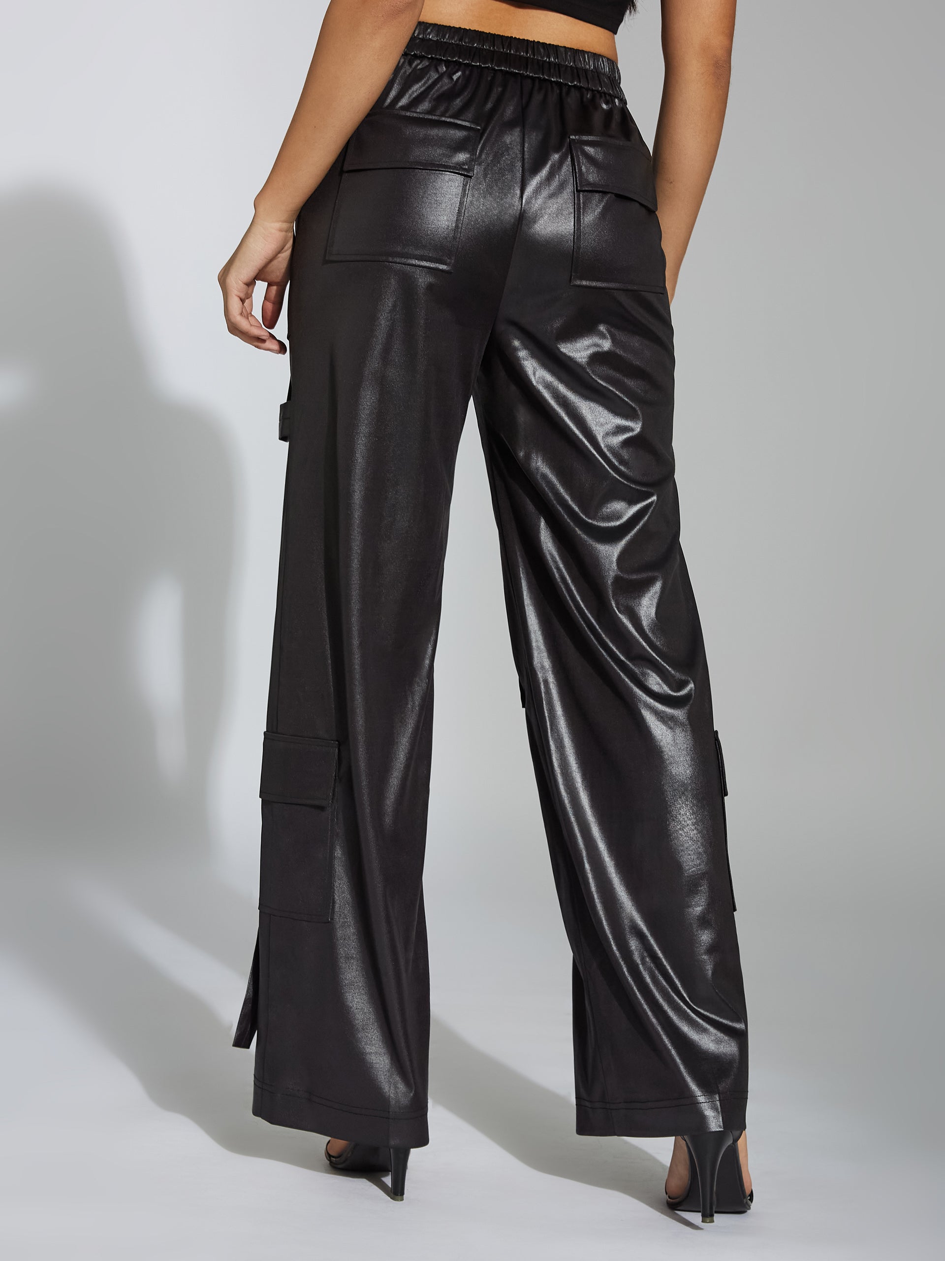 Women's Black Relaxed-Fit Regular-Length Stretchable Polyester Pants