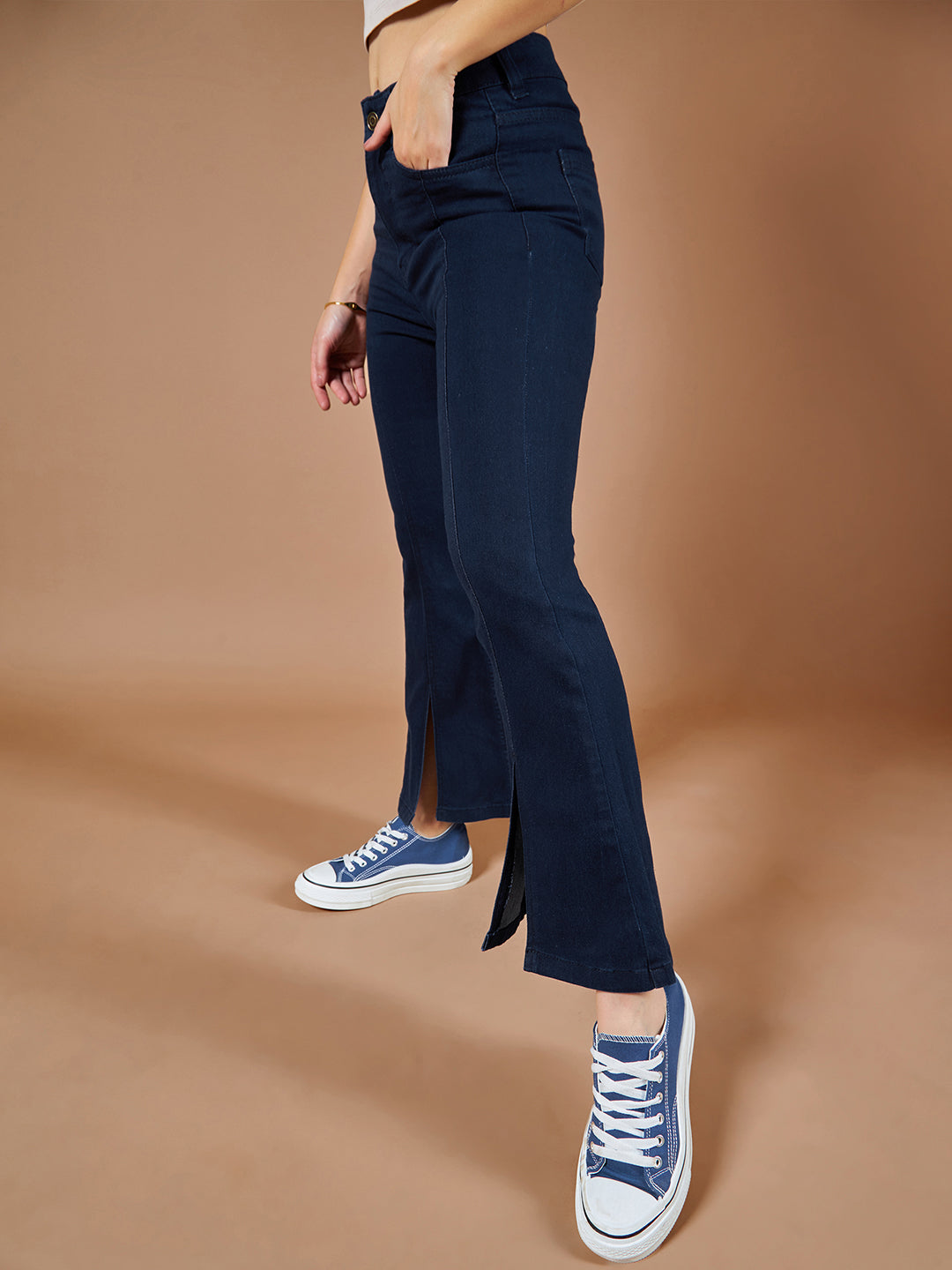 24/7 Comfort Navy-Blue Bell-Bottom Bootcut High-Rise Stretchable Slit Denim Jeans