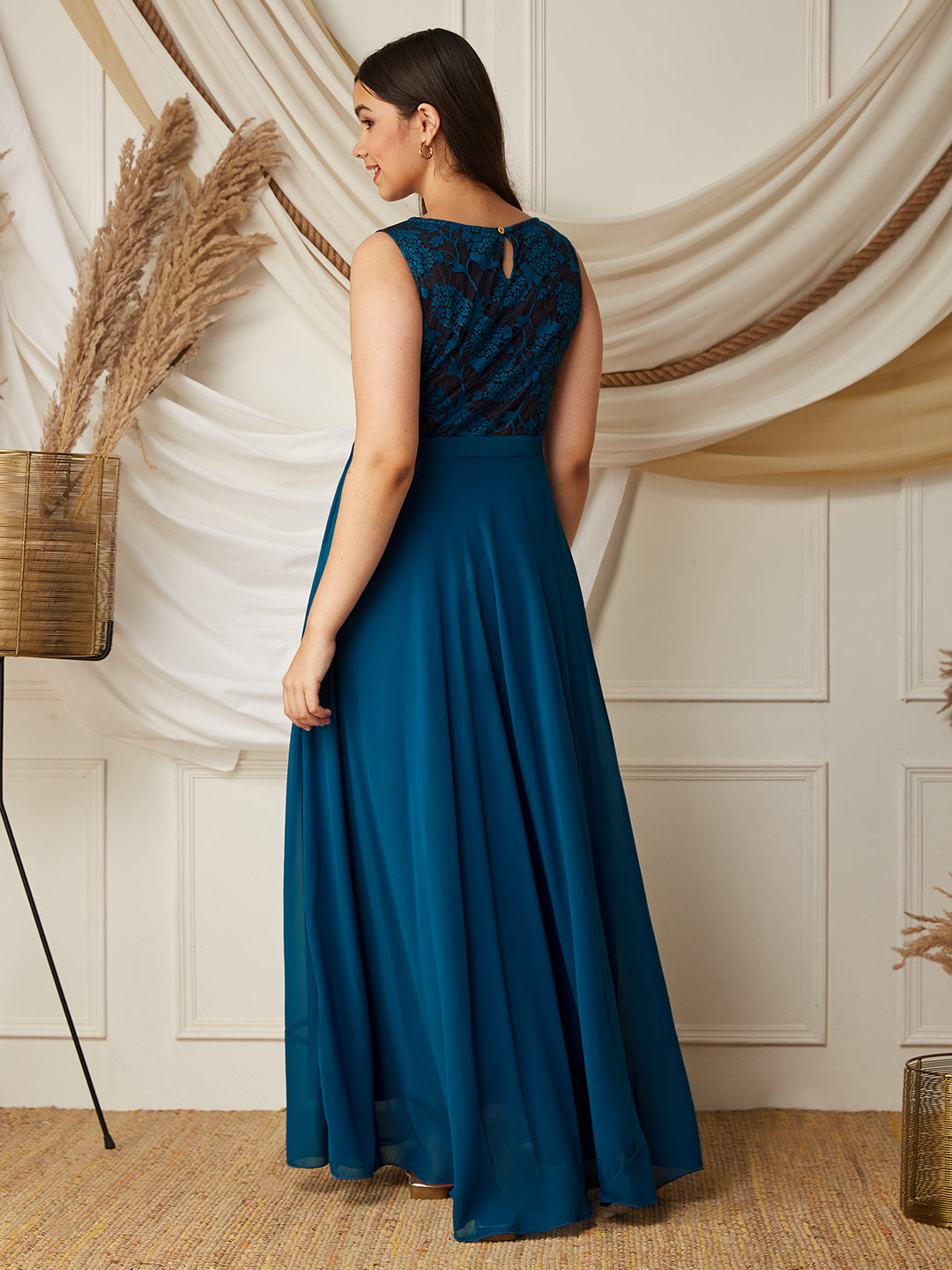 Royal Blue Round-Neck Sleeveless Floral Lace-Overlaid Fit & Flare Georgette Maxi Dress