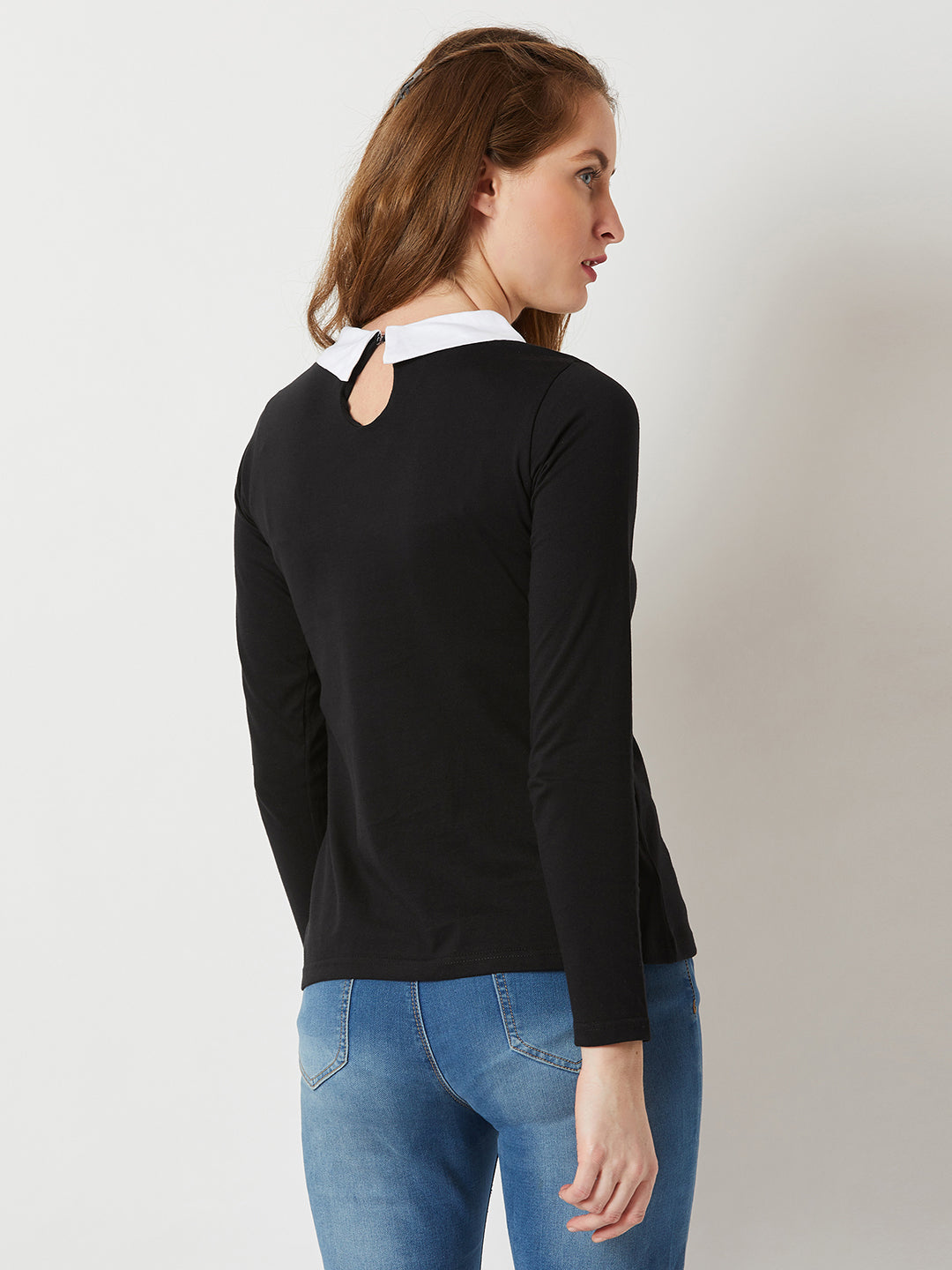 Women's Black Collared Round Neck Full Sleeve Cotton Solid Buttoned Top