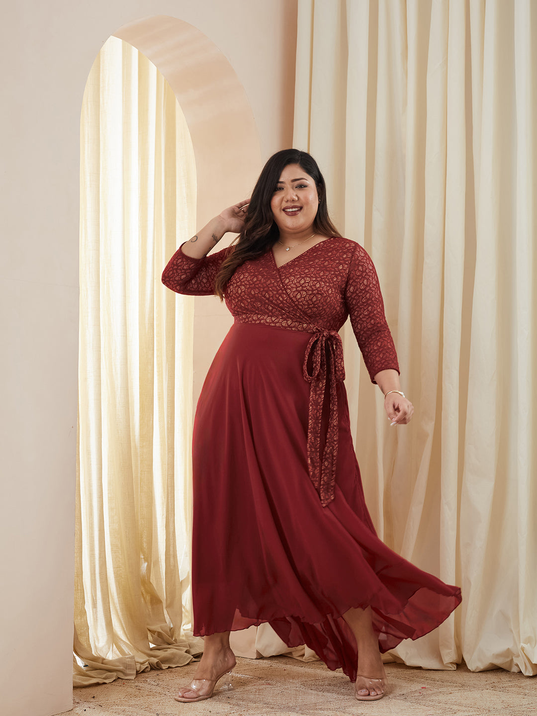 Maroon Floral Printed Relaxed Fit V-Neck 3/4Th Sleeve Georgette Maxi Dress for Women — Miss Chase A+