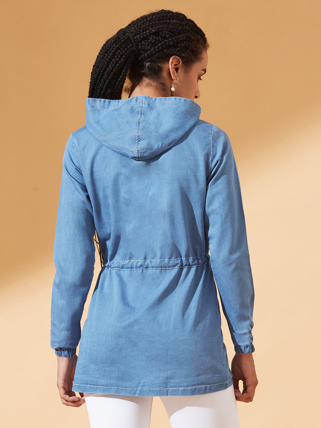 Light-Blue Round Neck Full Sleeve Solid Long hoodie with tie-up Regular Jacket for Women