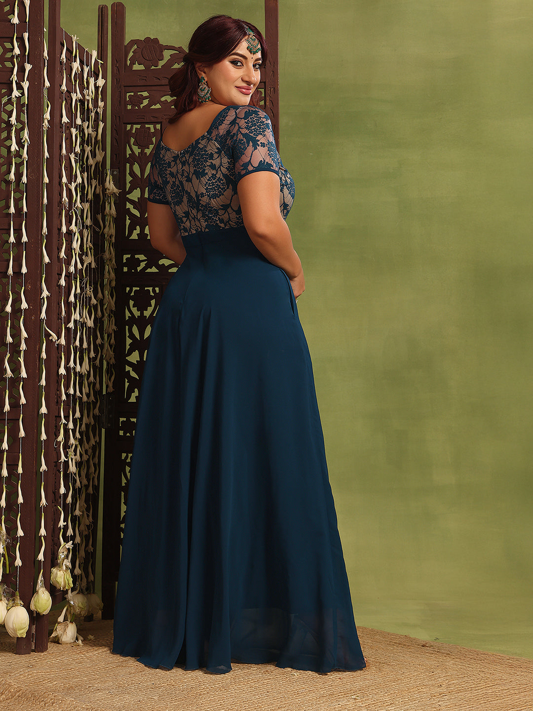 Teal Short Sleeves Lace Fit and Flare Maxi Dress for Women