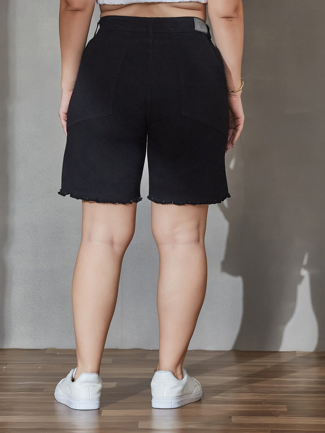 Black High-Rise Above Knee Stretchable Denim Shorts for Women