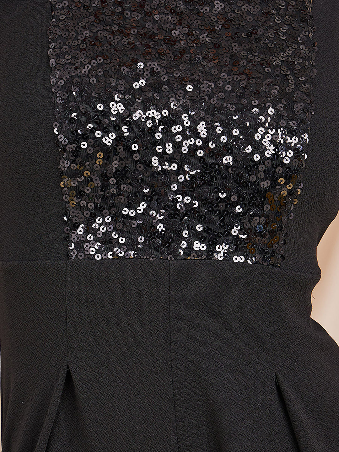 Women's Black Halter-Neck Sleeveless Solid Pleated/Wide Leg Sequin Paneled Jumpsuit