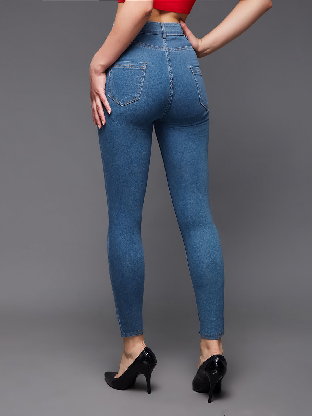 Women's Blue Solid Skinny High-Rise Cropped Solid Stretchable Denim Jeans
