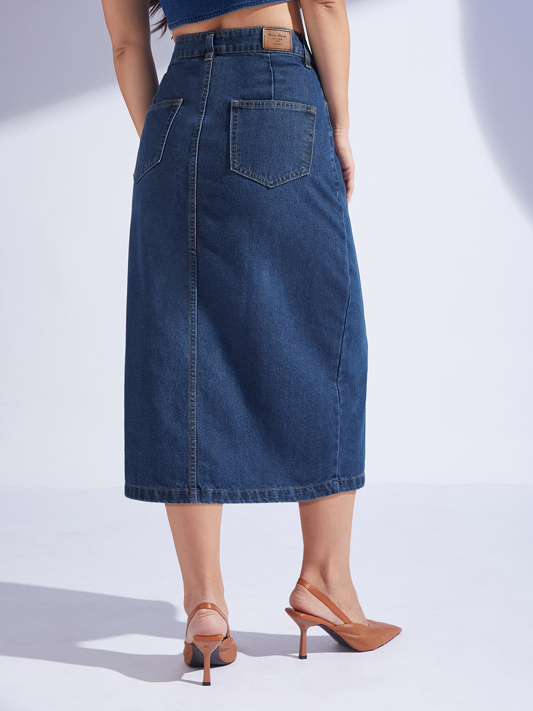 Women's Dark-Blue A-Line High-Rise Non-stretchable Denim Midi Skirt