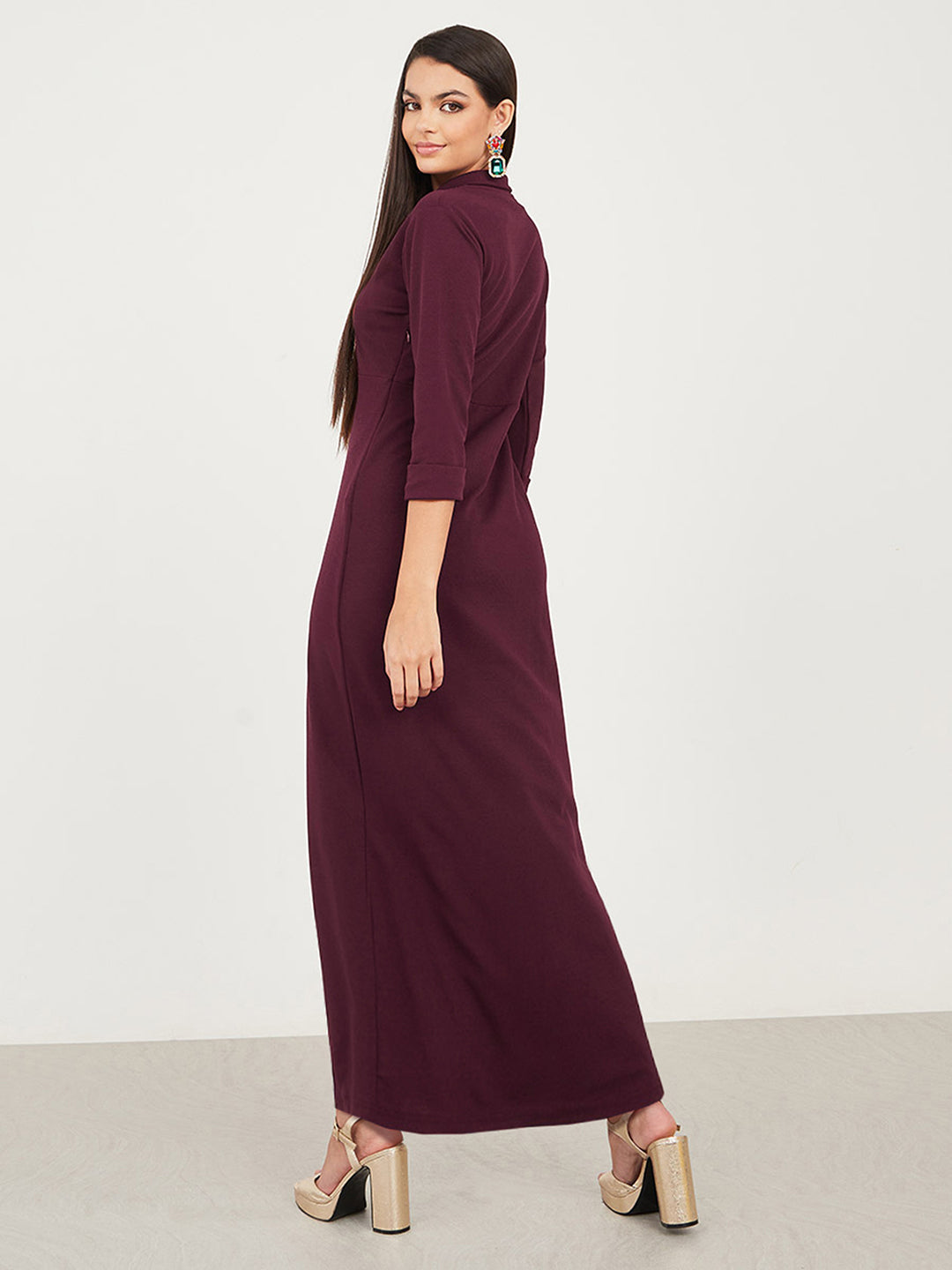 Women's Wine Red Collared V-Neck 3/4 Sleeve Solid Front Slit A-line Maxi Dress