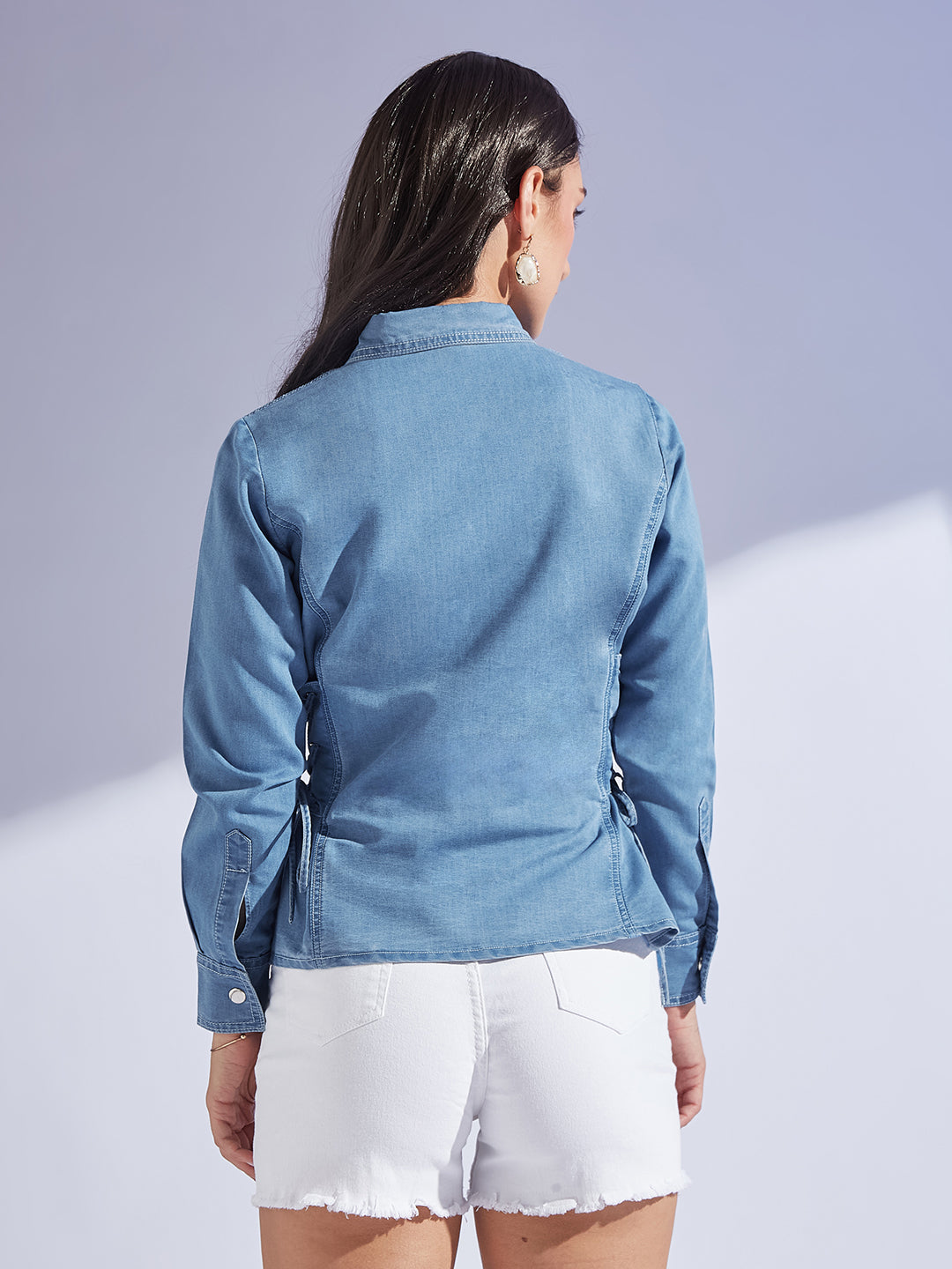 Women's Light Blue Shirt Collar Full Sleeve Adjustable Tie Up Regular-Length Denim Shirt