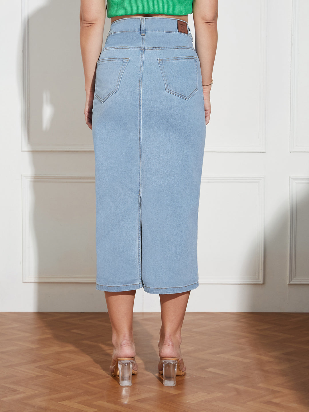 Women's Light Blue Straight High Rise Clean Look Midi Stretchable Denim Denim Skirt