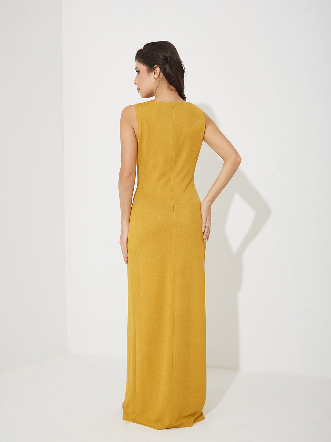 Women’s Golden Asymmetric Cowl Sleeveless Solid Bodycon Maxi Polyester Dress for Women
