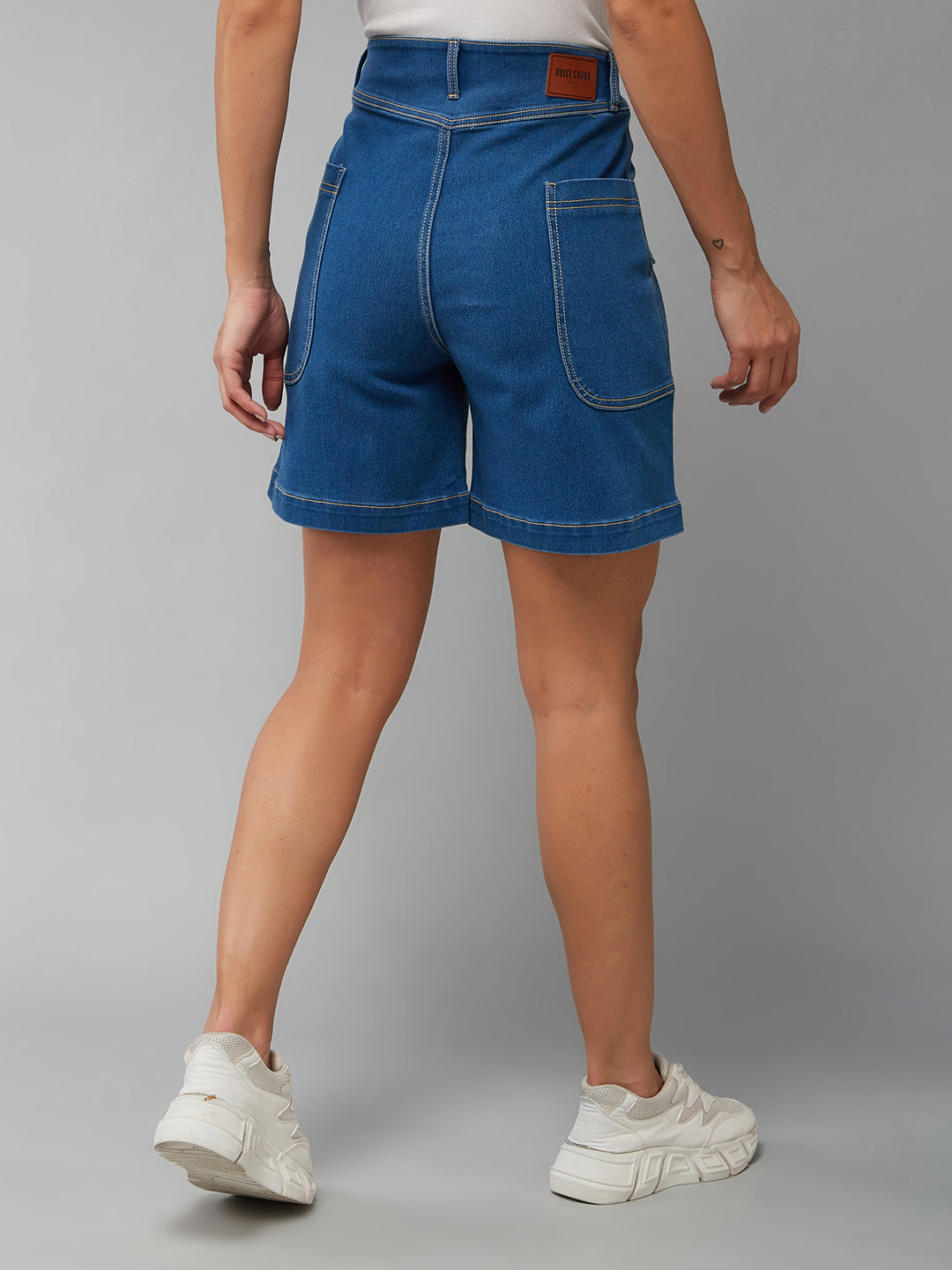 Relaxed-Fit Mid-Rise Clean-Look Stretchable Blue Denim Bermuda Shorts for Women
