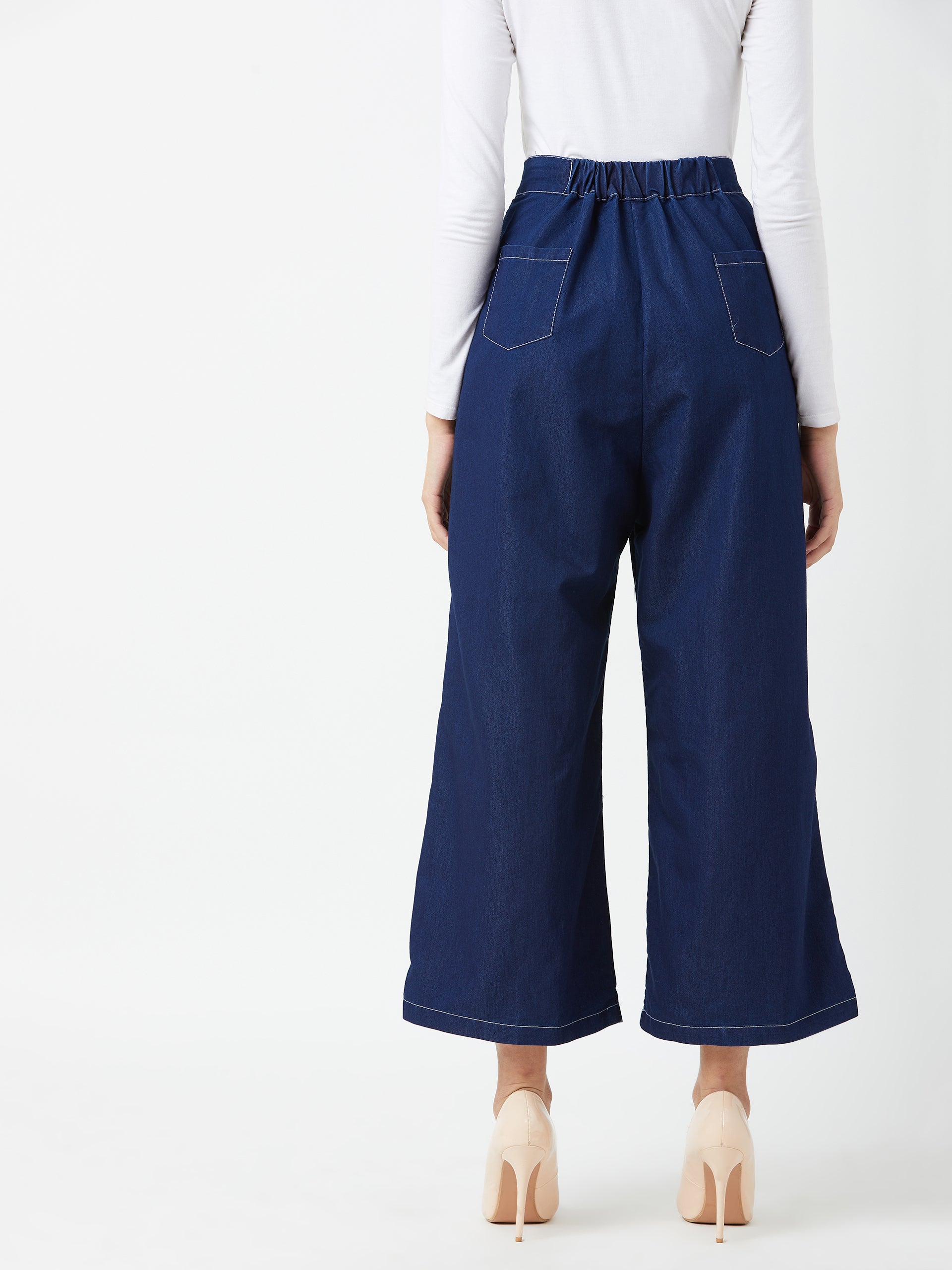 Women's Navy Blue Wide-Leg High-Rise Light Weight Clean-Look Regular Length Light Weight Denim Pants