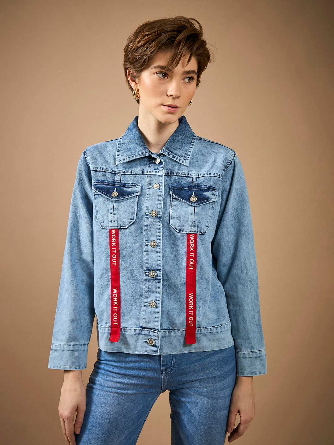 Women's Light Blue Collared Full Sleeve Buttoned Twill Tape Detailing Solid Denim Jacket
