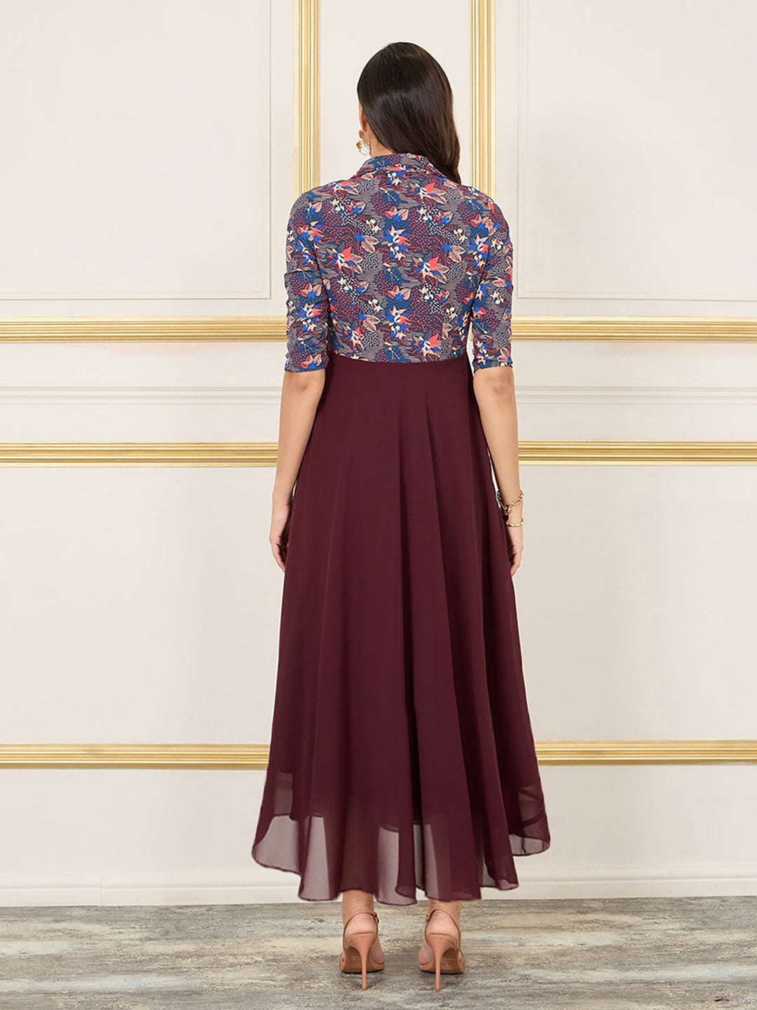 Women's Multicolored-Base-Wine Floral Notched Collar 3/4 Sleeve Georgette Jacket Style Maxi Dress