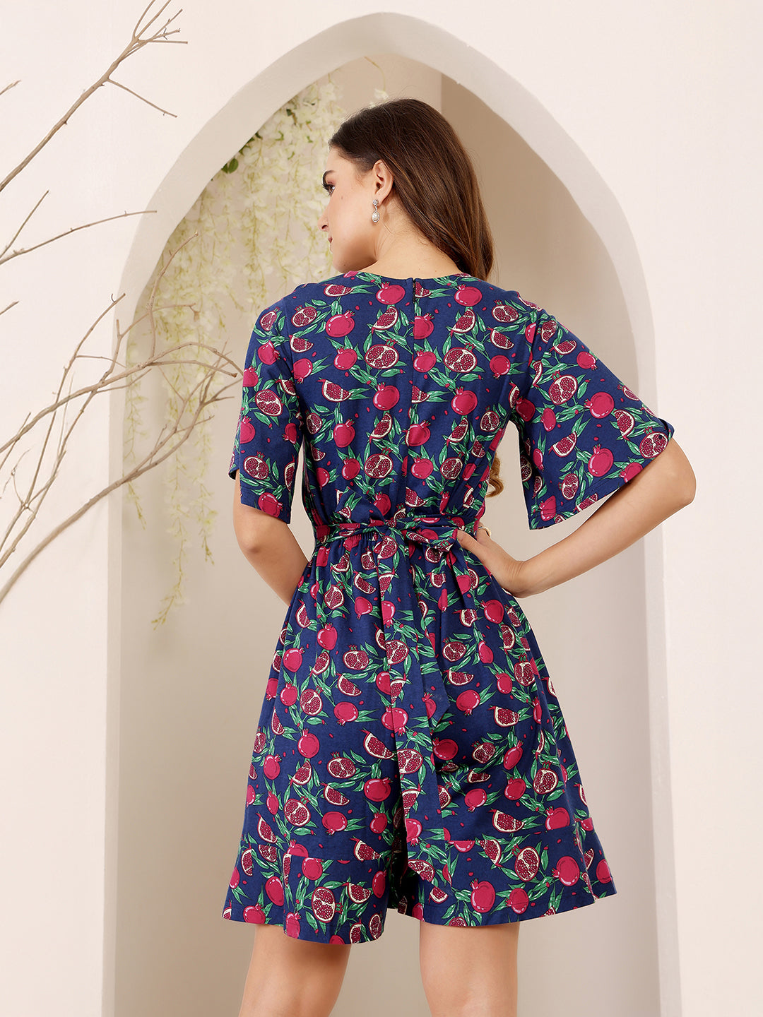 Women's Multicolored-Base-Navy Blue V-Neck Half-Sleeve Tropical-Printed Wrap Knee-Long Cotton Playsuit