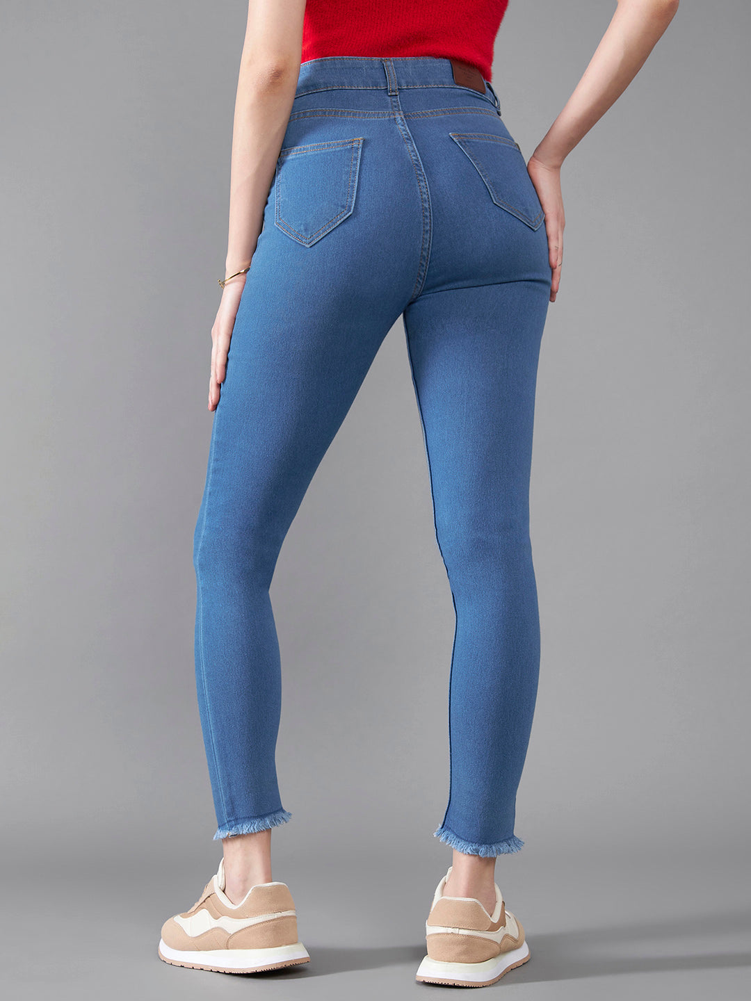 Women's Blue Skinny High-Rise Cropped-Length Fringe Detailing Stretchable Denim Jeans